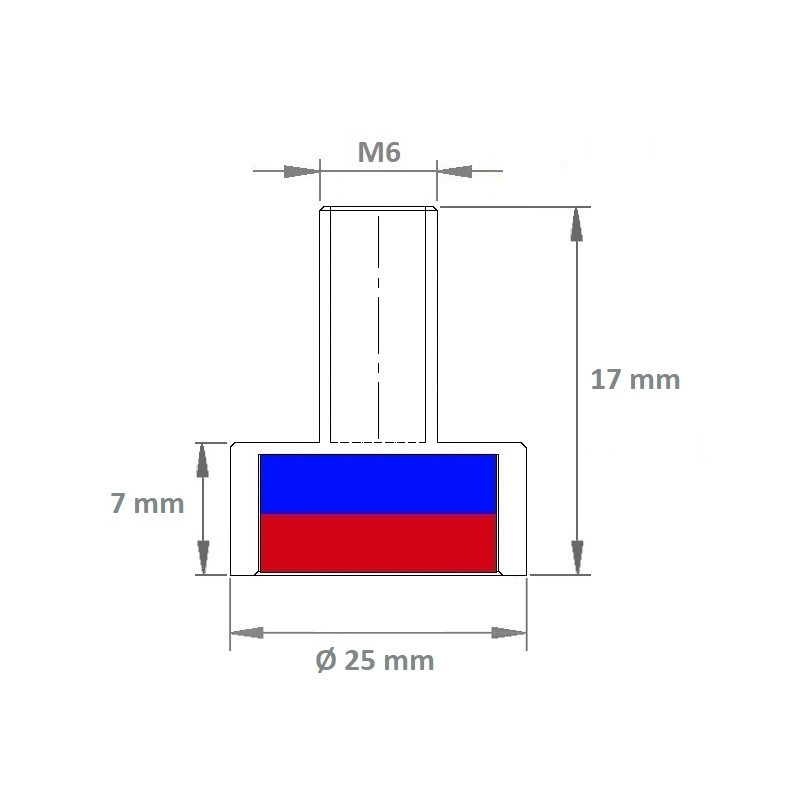 Topfmagnete aus Neodym mit Flachgreifer und Gewindezapfen 25 x 7 x 17 (M-6)