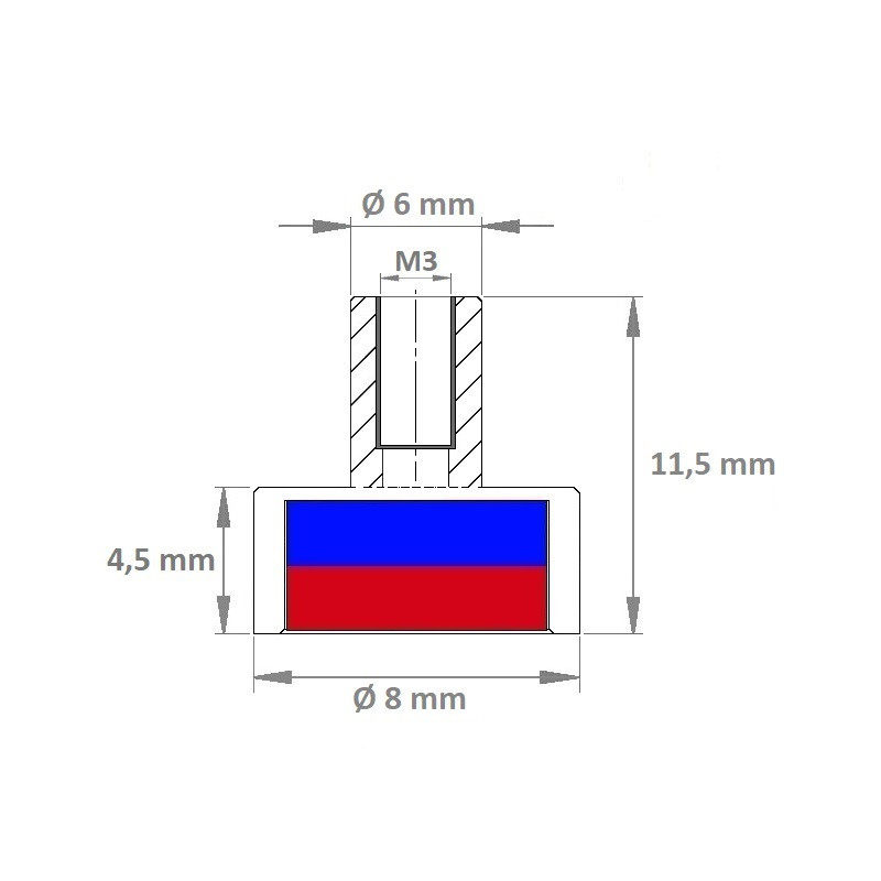 Pot magnétique Filetant Intérieur 8x4.5x11.5x6x3mm, Aimants Néodyme