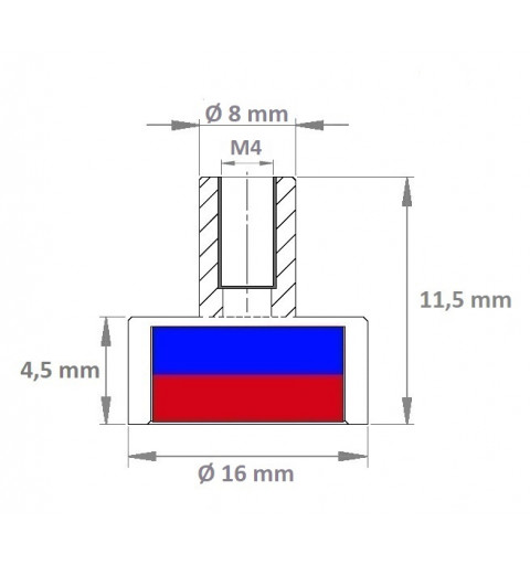 fuerza de sujeción 9,5 kg con rosca exterior M6 x 8 mm Imán de neodimio plano diámetro 16 x 4,5 mm 