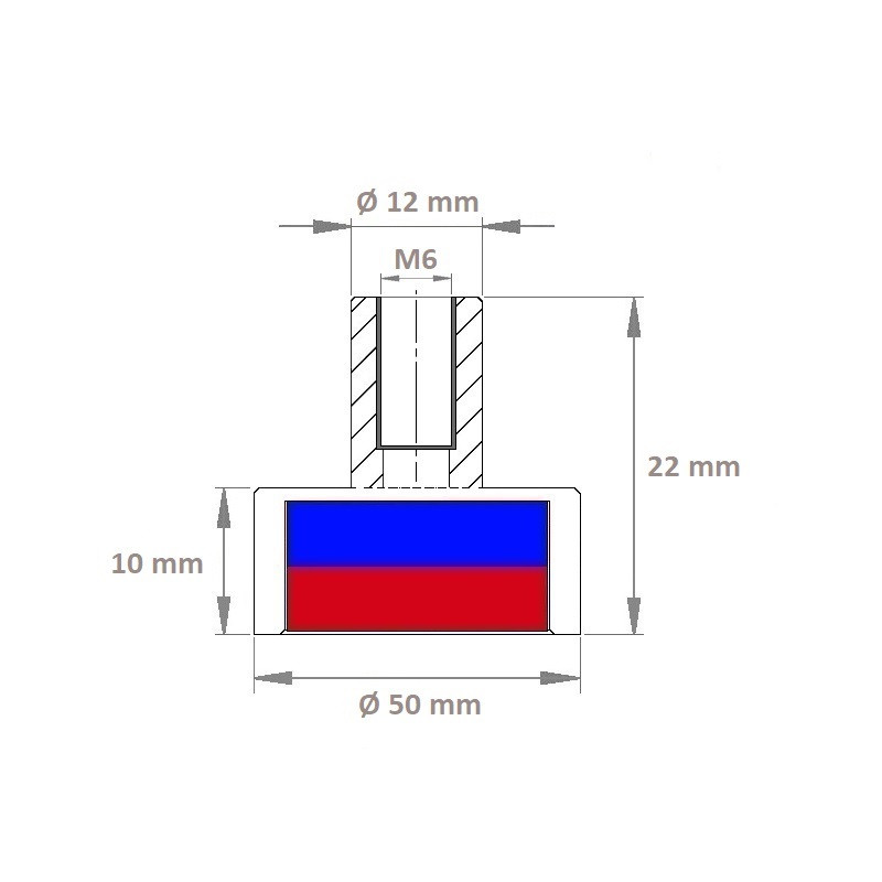 Pot magnétique Filetant Intérieur 50x10x22x12x6mm (Aimants Néodyme)