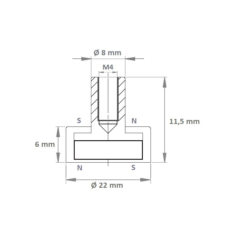 Pot magnétique avec caoutchouc 22x6x11.5x8xM4 (Aimants Néodyme)