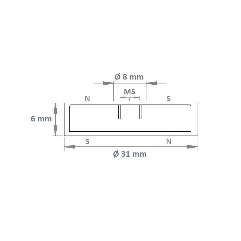 Pot magnétique avec caoutchouc antiglisse 31x6xM5 (Aimants Néodyme)