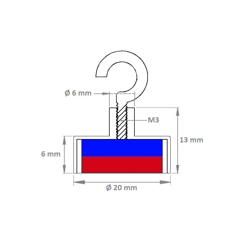 Pot magnétique Ferrite avec crochet 20x6x13x6mm, économique
